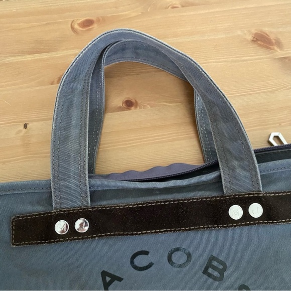Jacobs by Marc Jacobs Top Zip Canvas Tote Bag Gray Canvas Suede Trim 17” X 11.5” - Picture 4 of 16
